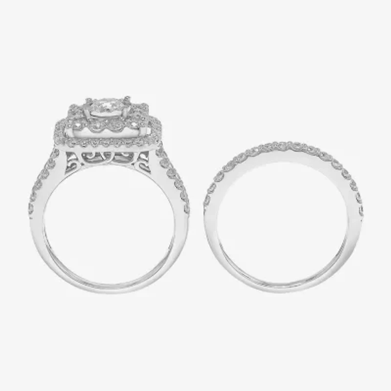 2 CT.T.W. Natural Diamond Cushion Shape Side Stone Halo Bridal Set 10K or 14K White Gold