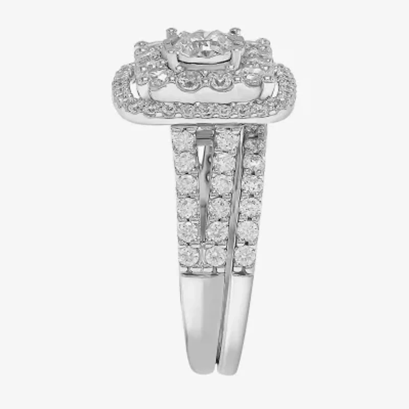 2 CT.T.W. Natural Diamond Cushion Shape Side Stone Halo Bridal Set 10K or 14K White Gold