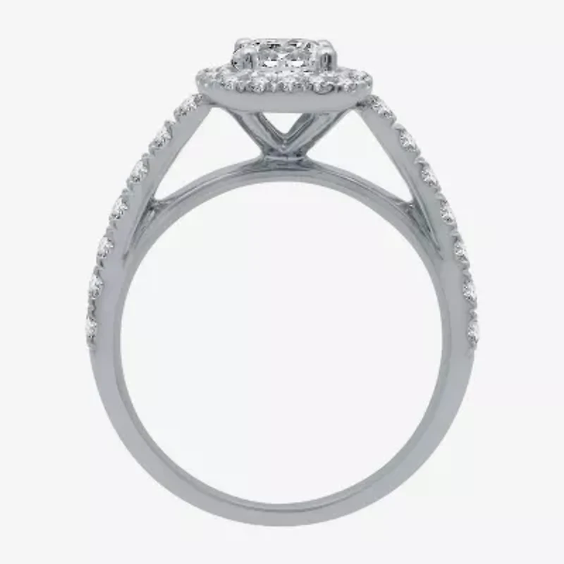 (H-I / I1) Womens 2 CT. T.W. Lab Grown White Diamond 10K Gold Cushion Side Stone Halo Bridal Set