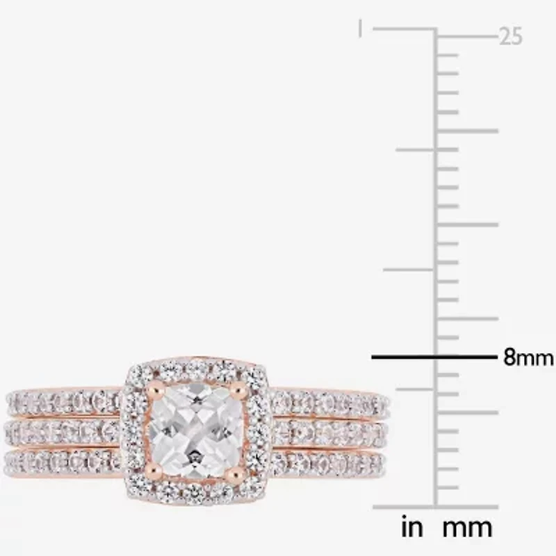 Modern Bride Gemstone Womens Lab Created White Sapphire 18K Rose Gold Over Silver Cushion Halo Bridal Set