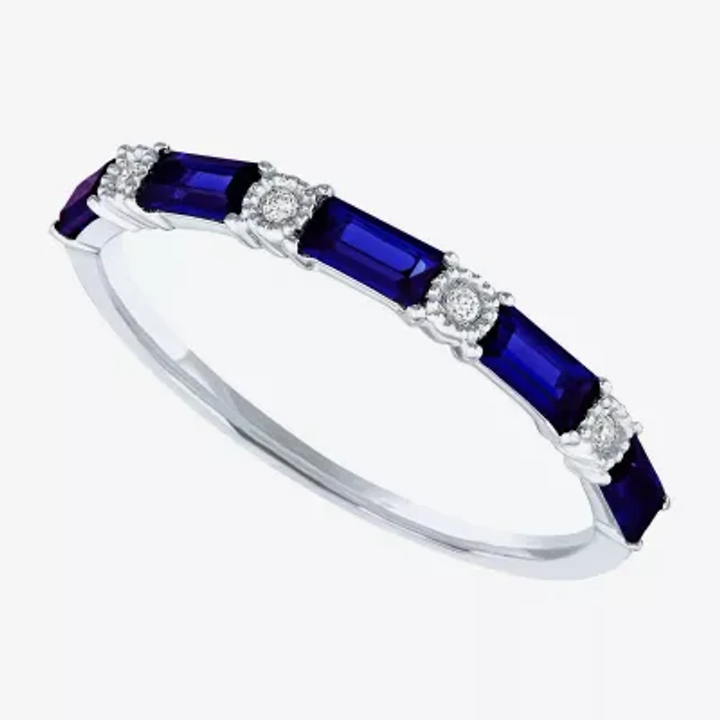 Diamond Accented 10K Gold Wedding Band with Lab Created Emerald, Sapphire, or Ruby