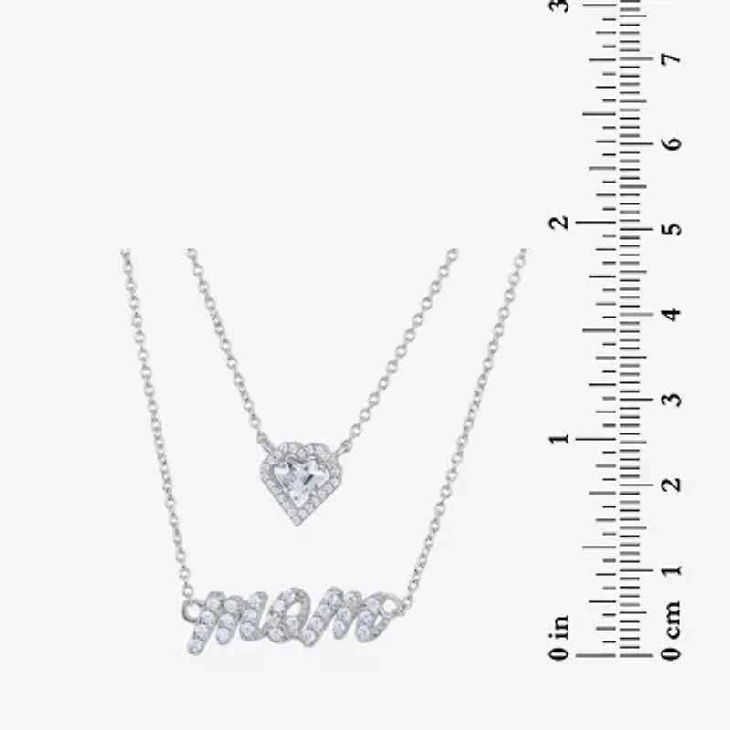 Diamonart Layered Look "Mom" Womens White Cubic Zirconia Sterling Silver Heart 16 Inch Pendant Necklace