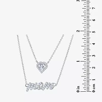 Diamonart Layered Look "Mom" Womens White Cubic Zirconia Sterling Silver Heart 16 Inch Pendant Necklace
