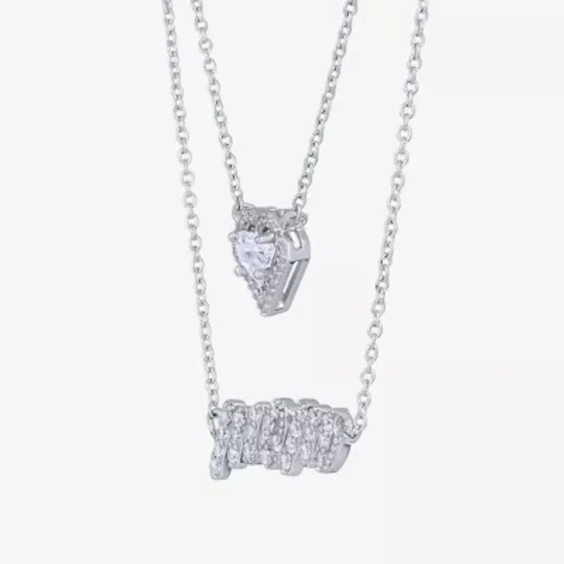 Diamonart Layered Look "Mom" Womens White Cubic Zirconia Sterling Silver Heart 16 Inch Pendant Necklace