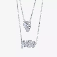 Diamonart Layered Look "Mom" Womens White Cubic Zirconia Sterling Silver Heart 16 Inch Pendant Necklace