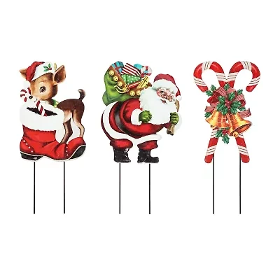 Glitzhome Set Of 3 Metal Glitter Santa Christmas Yard Art