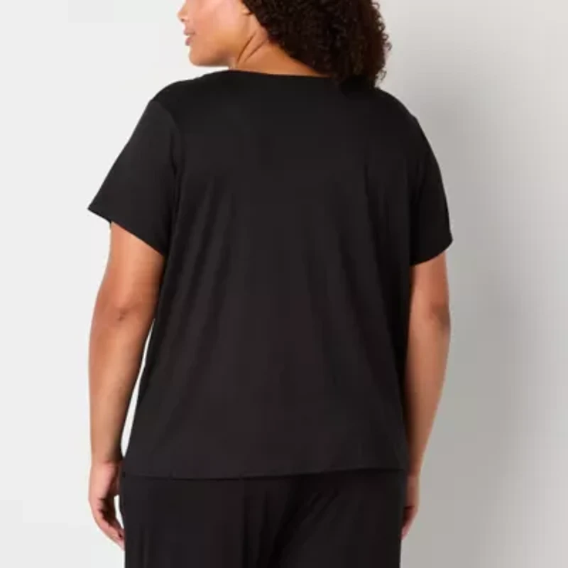 Ambrielle Womens V Neck Short Sleeve Plus Pajama Top