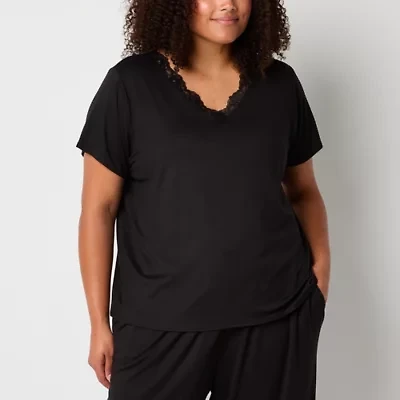 Ambrielle Womens V Neck Short Sleeve Plus Pajama Top
