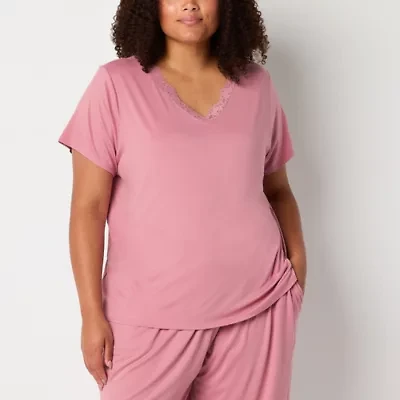 Ambrielle Womens V Neck Short Sleeve Plus Pajama Top