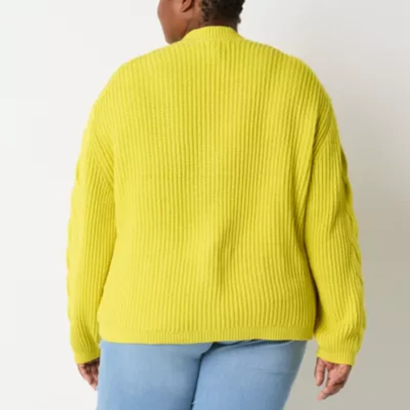 St. John's Bay Womens V Neck Long Sleeve Open Front Plus Cable Knit Cardigan