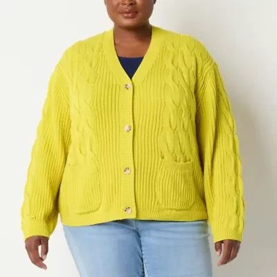 St. John's Bay Womens V Neck Long Sleeve Open Front Plus Cable Knit Cardigan