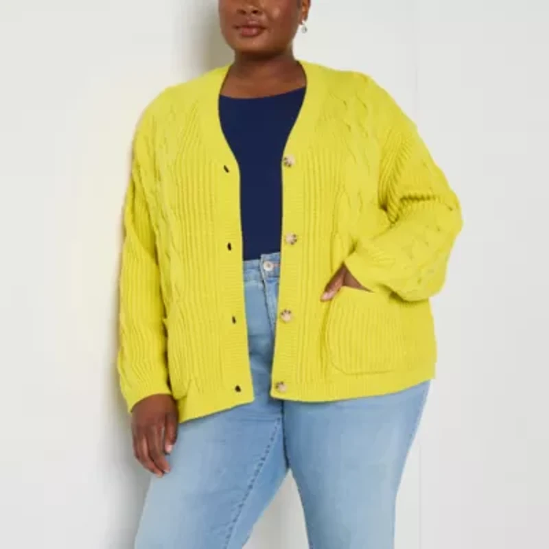 St. John's Bay Womens V Neck Long Sleeve Open Front Plus Cable Knit Cardigan