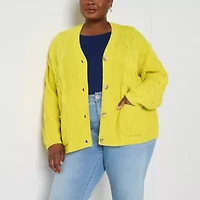 St. John's Bay Womens V Neck Long Sleeve Open Front Plus Cable Knit Cardigan