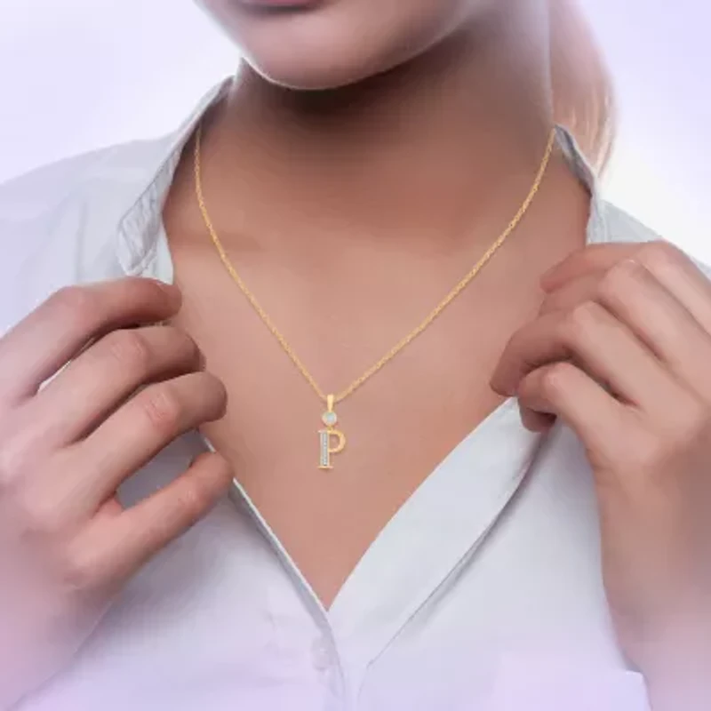 P" Womens Lab Created White Opal 14K Gold Over Silver 18 Inch Pendant Necklace