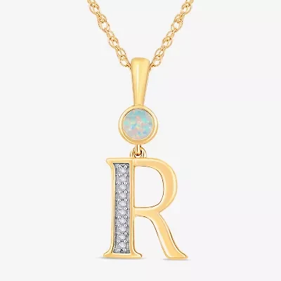 R" Womens Lab Created White Opal 14K Gold Over Silver 18 Inch Pendant Necklace
