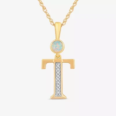 T" Womens Lab Created White Opal 14K Gold Over Silver 18 Inch Pendant Necklace