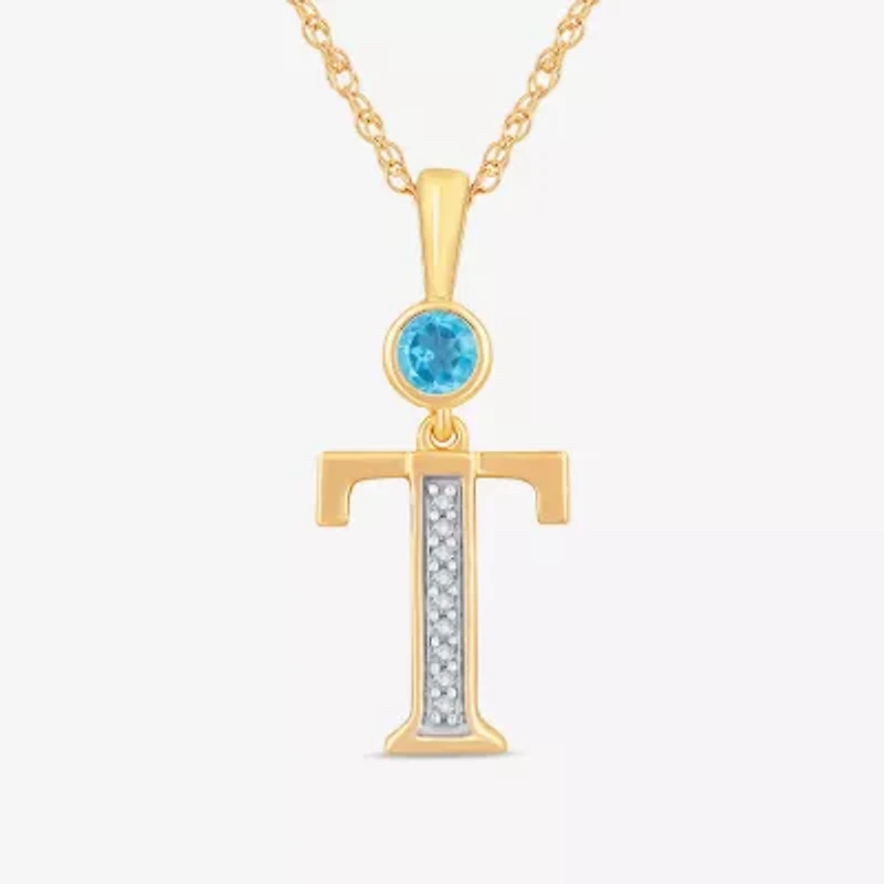 T" Womens Genuine Blue Topaz 14K Gold Over Silver 18 Inch Pendant Necklace