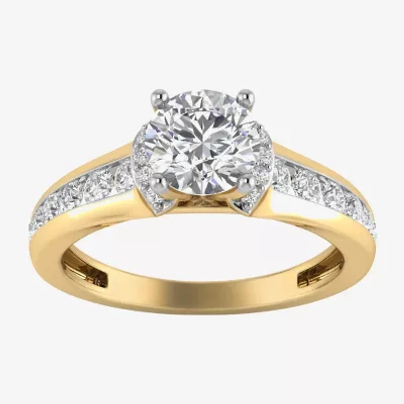 (G / Si1-Si2) Womens 1 1/2 CT. T.W. Lab Grown White Diamond 10K Gold Round Side Stone Halo Engagement Ring
