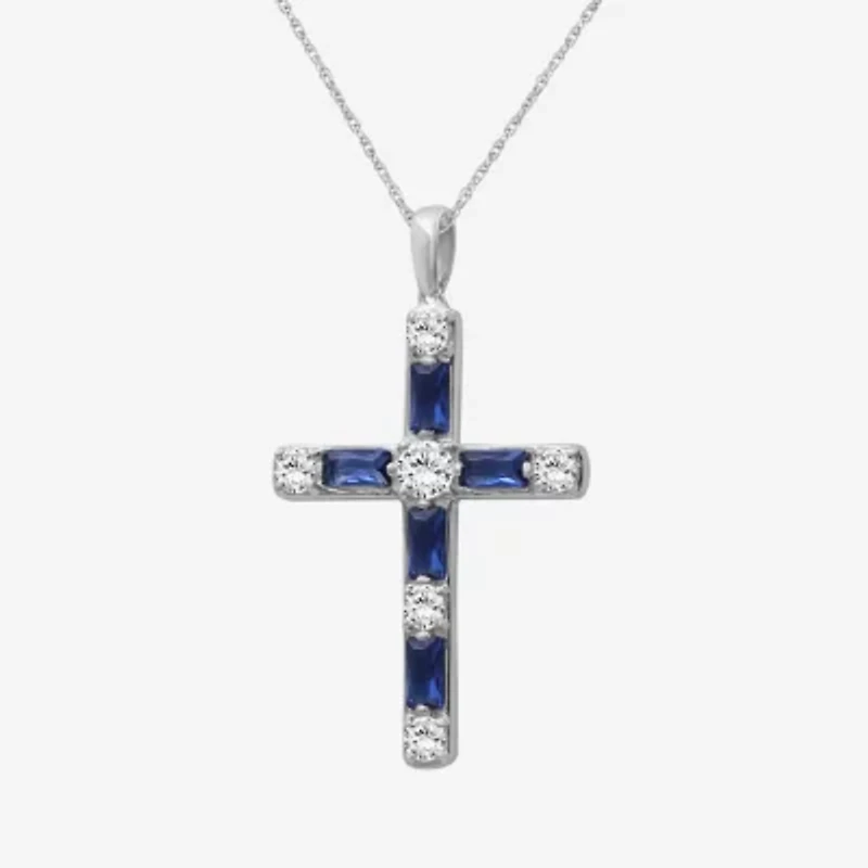 Womens Diamond Accent Lab Created Gemstone 10K White Gold Cross Pendant Necklace
