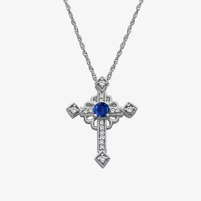 Womens Diamond Accent Gemstone 10K White Gold Cross 18 Inch Pendant Necklace