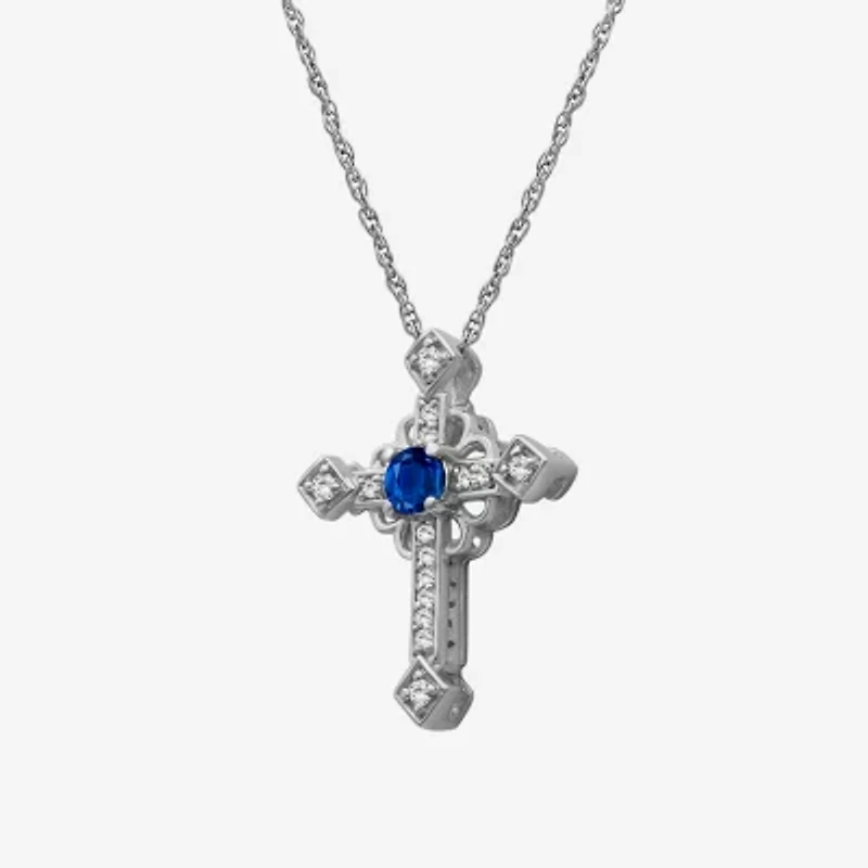 Womens Diamond Accent Gemstone 10K White Gold Cross 18 Inch Pendant Necklace