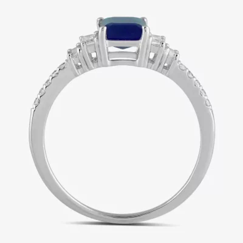 Womens 1/5 CT. Lab Created Blue Sapphire Sterling Silver 3-Stone Side Stone Cocktail Ring