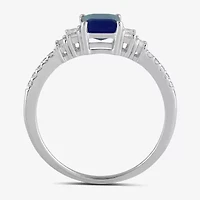 Womens 1/5 CT. Lab Created Blue Sapphire Sterling Silver 3-Stone Side Stone Cocktail Ring
