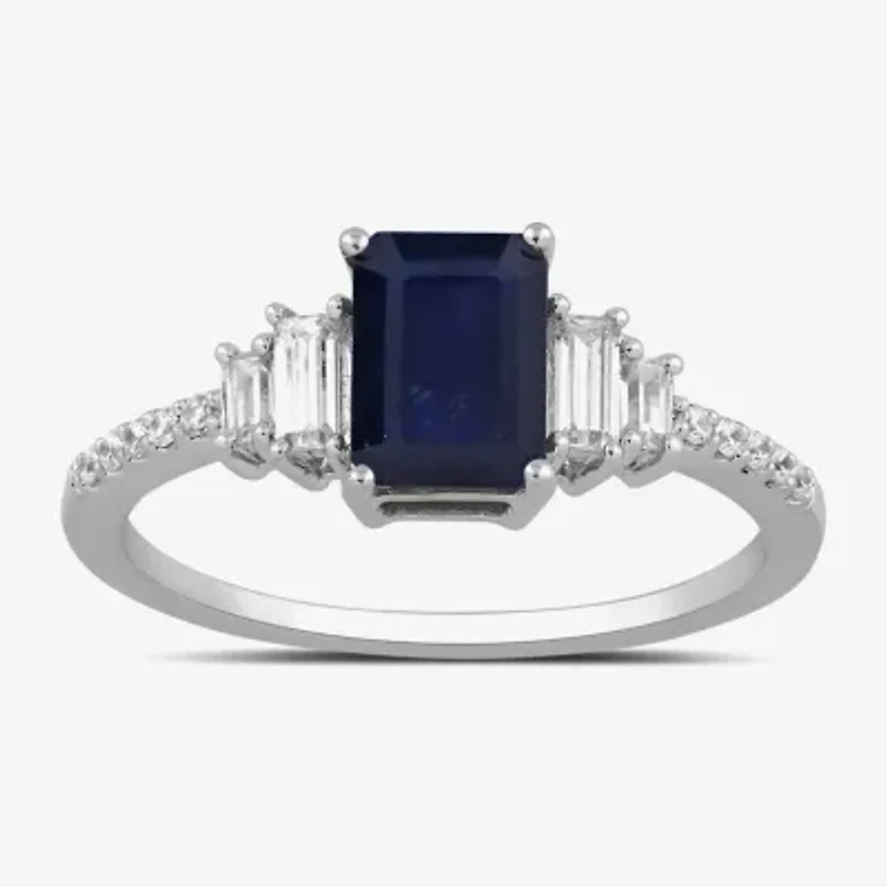 Womens 1/5 CT. Lab Created Blue Sapphire Sterling Silver 3-Stone Side Stone Cocktail Ring