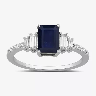 Womens 1/5 CT. Lab Created Blue Sapphire Sterling Silver 3-Stone Side Stone Cocktail Ring