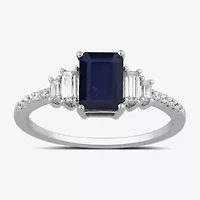 Womens 1/5 CT. Lab Created Blue Sapphire Sterling Silver 3-Stone Side Stone Cocktail Ring