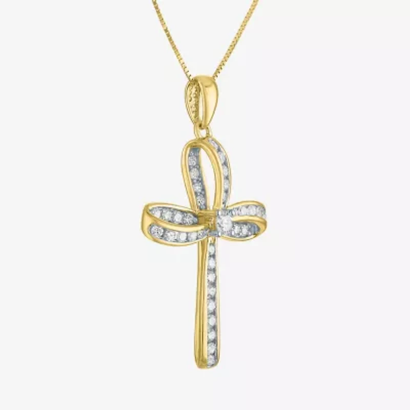 Cross (Gh / Si2 I1) Womens 1/ CT. T.W. Lab Grown White Diamond 10K Gold Cross 16 Inch Pendant Necklace