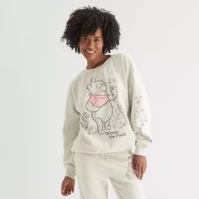 Womens Juniors Crew Neck Long Sleeve Embroidered Winnie The Pooh Sweatshirt
