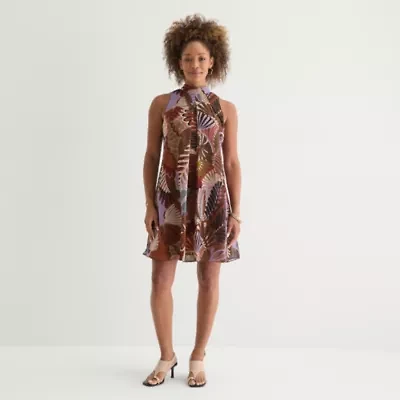 Robbie Bee Womens Sleeveless Leaf Shift Dress