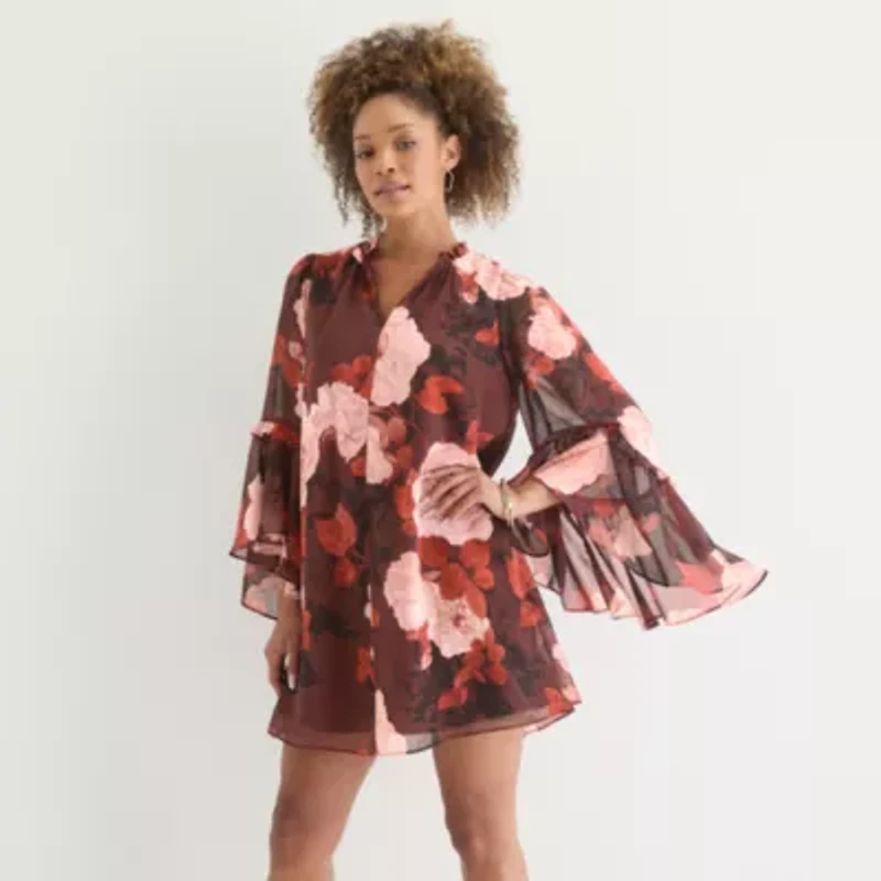 Clover And Sloane Womens Long Sleeve Floral Shift Dress