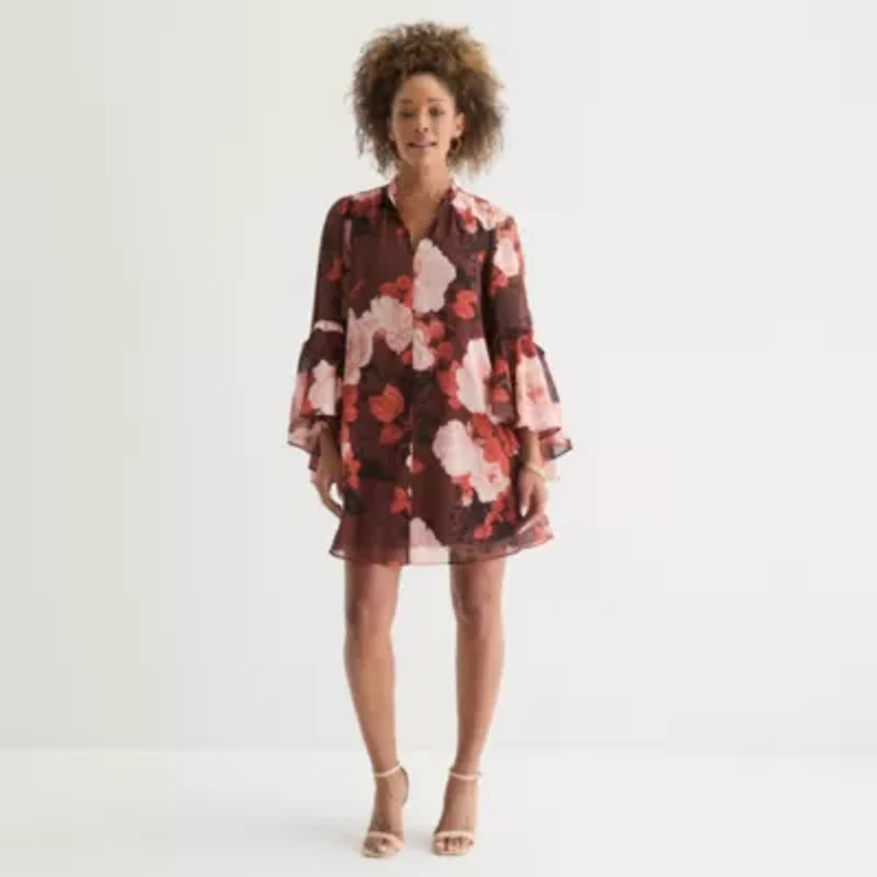 Clover And Sloane Womens Long Sleeve Floral Shift Dress