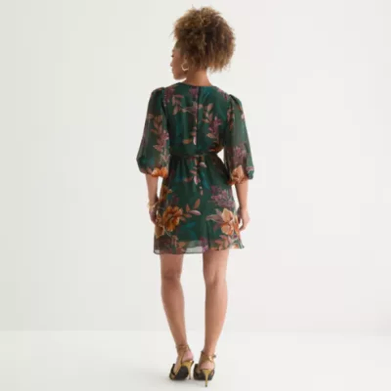 Melonie T Womens 3/4 Sleeve Floral Fit + Flare Dress