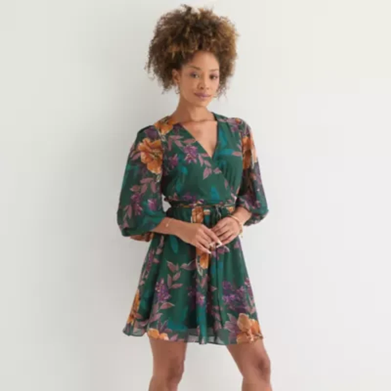 Melonie T Womens 3/4 Sleeve Floral Fit + Flare Dress