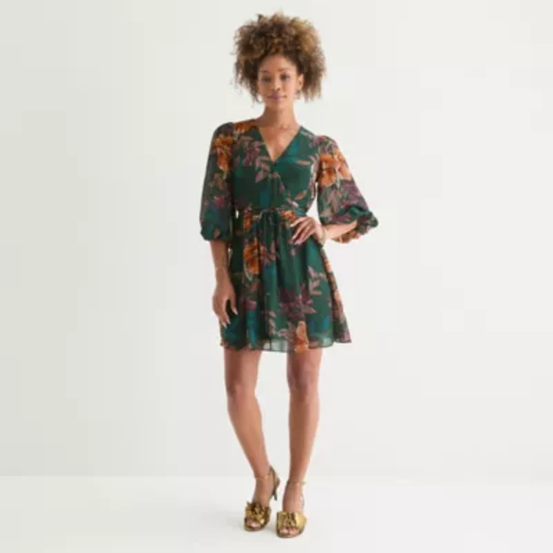 Melonie T Womens 3/4 Sleeve Floral Fit + Flare Dress