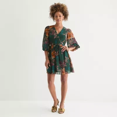 Melonie T Womens 3/4 Sleeve Floral Fit + Flare Dress