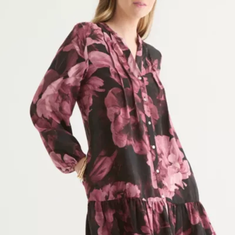 Be by CHETTA B Womens Long Sleeve Floral Shift Dress