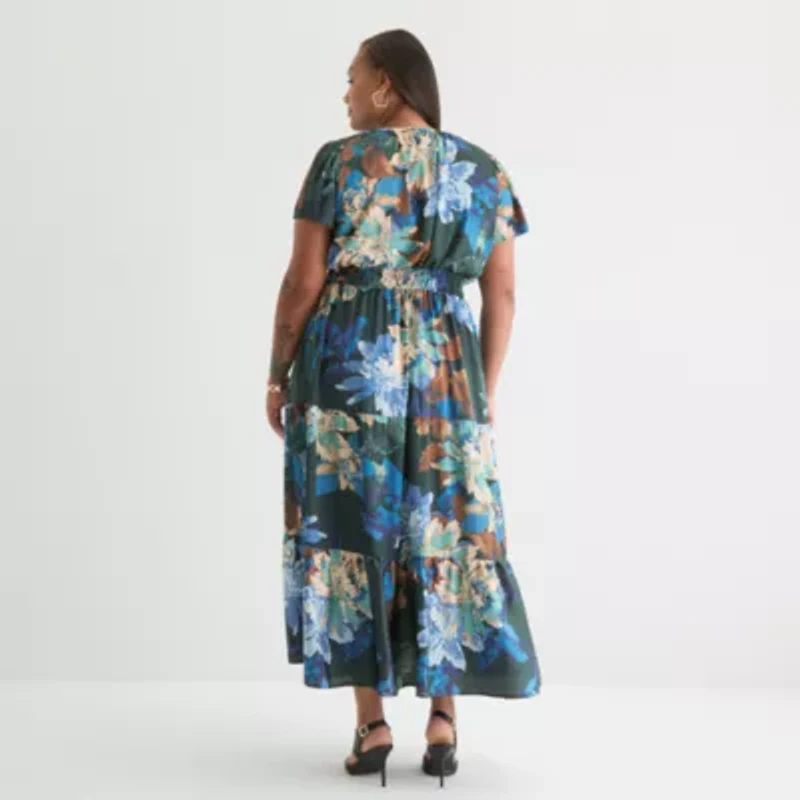 Be by CHETTA B Womens Short Sleeve Floral Plus Maxi Dress