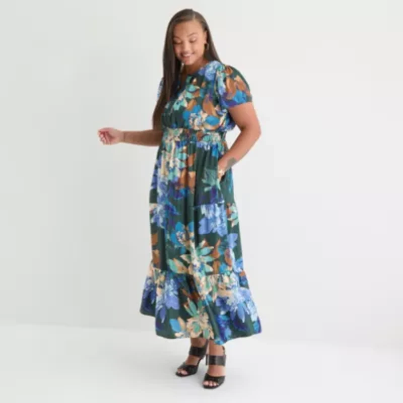 Be by CHETTA B Womens Short Sleeve Floral Plus Maxi Dress