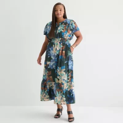 Be by CHETTA B Womens Short Sleeve Floral Plus Maxi Dress