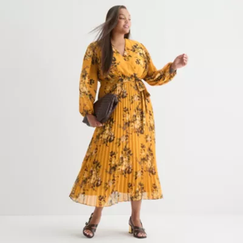 Studio 1 Womens Long Sleeve Floral Plus Maxi Dress