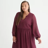 Sandra Darren Womens Long Sleeve Dots Babydoll Dress Plus