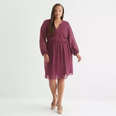 Sandra Darren Womens Long Sleeve Dots Babydoll Dress Plus