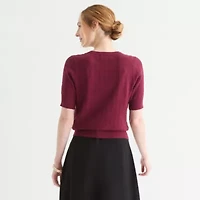 Liz Claiborne Womens Crew Neck Elbow Sleeve Pullover Sweater