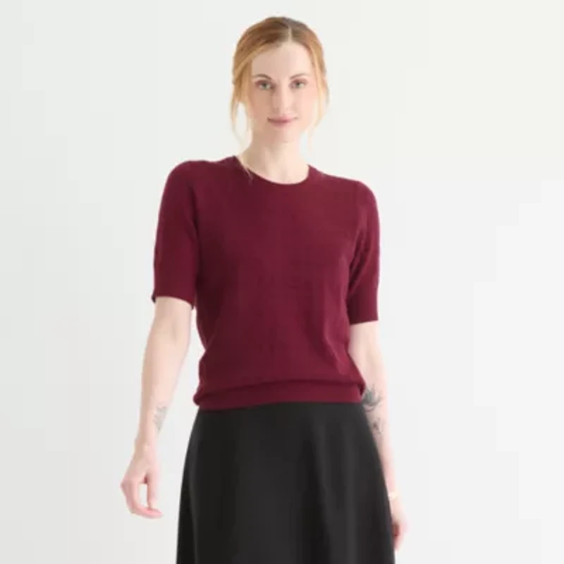 Liz Claiborne Womens Crew Neck Elbow Sleeve Pullover Sweater