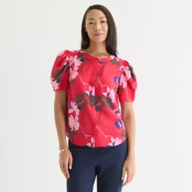 Liz Claiborne Womens Split Crew Neck Short Sleeve Blouse
