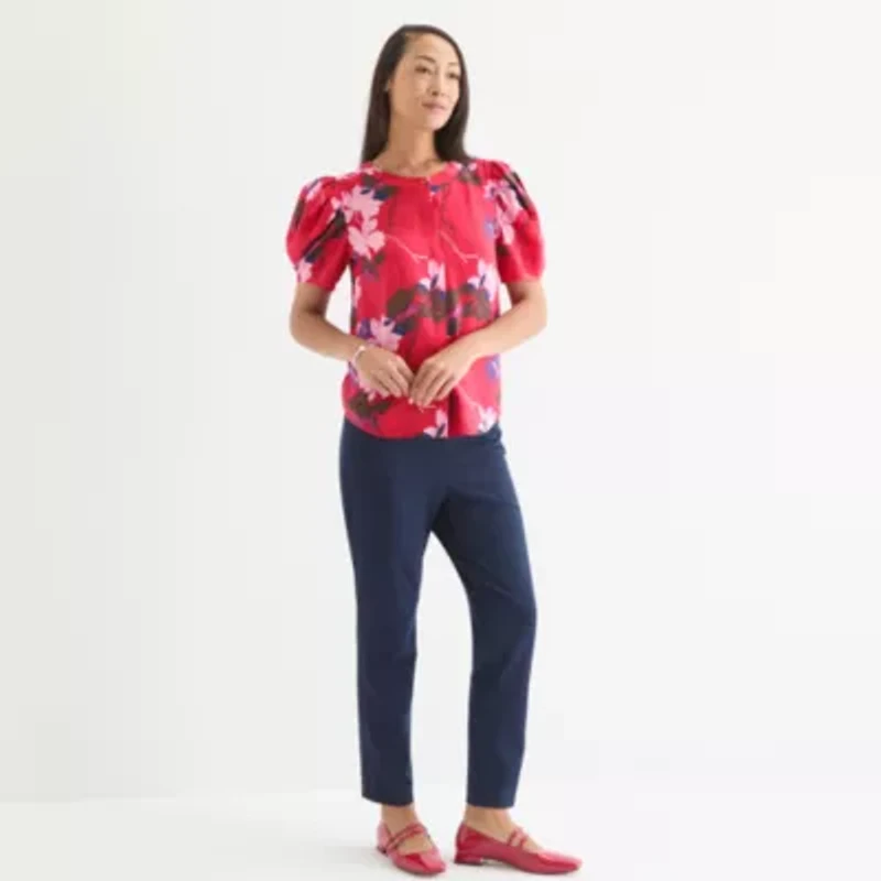 Liz Claiborne Womens Split Crew Neck Short Sleeve Blouse